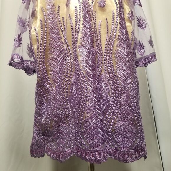 Vintage Handmade African Dishaki Shirt  Embroidered Lavender Floral Authentic M - Picture 9 of 9